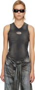 V-Neck Distressed Denim-Look Tank Top with Metallic Logo