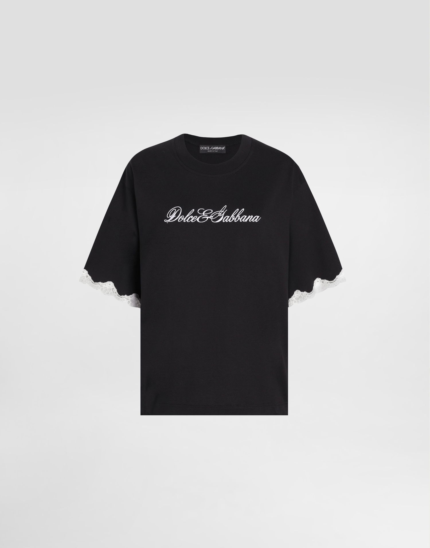 Тениска Dolce & Gabbana Dolce & Gabbana Jersey T-Shirt with Lace Sleeves and Embroidery Черно | F8V62ZGDDB8N0000, 0