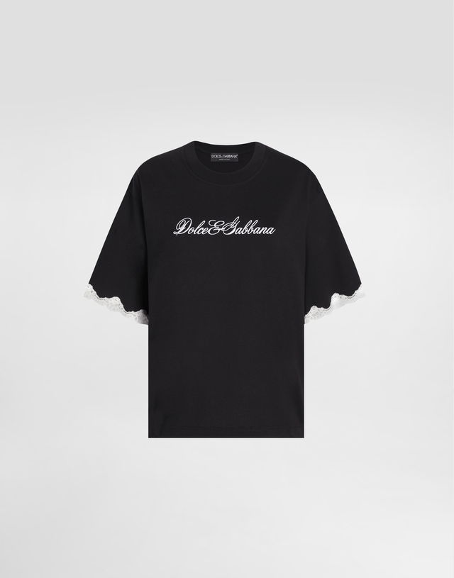 Dolce & Gabbana Jersey T-Shirt with Lace Sleeves and Embroidery