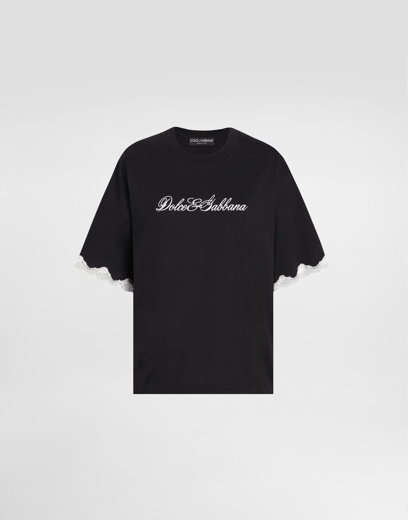 Тениска Dolce & Gabbana Dolce & Gabbana Jersey T-Shirt with Lace Sleeves and Embroidery Черно | F8V62ZGDDB8N0000