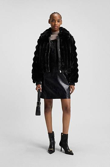 Яке BOSS Cropped Faux-Fur Jacket with Adjustable Drawstring Hem and Full Zip Черно | 50546815, 1