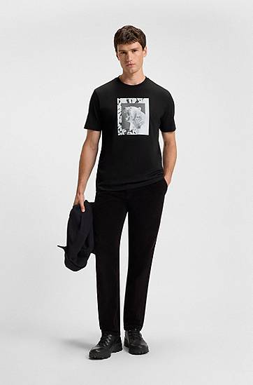 Тениска BOSS Cotton-jersey T-shirt with Roaring Polar Bear Artwork Черно | 50554615, 1