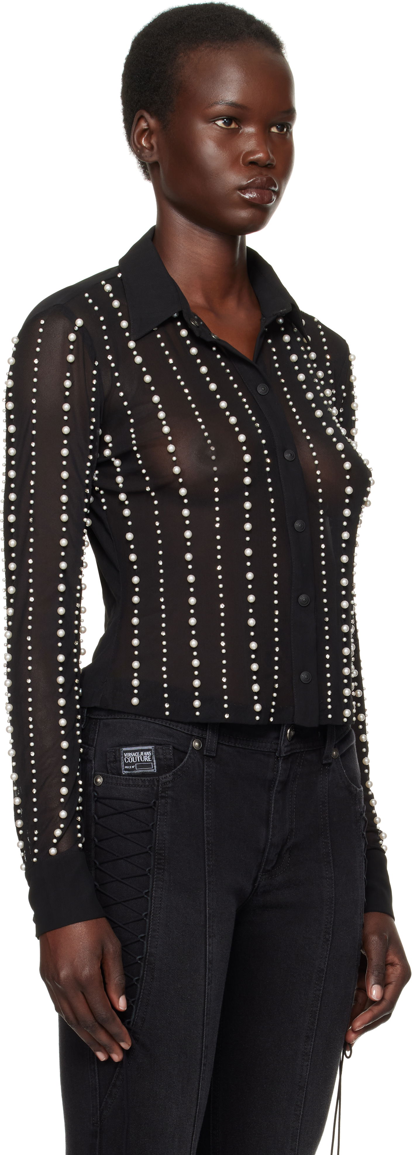 Риза Versace Embellished Sheer Button-Up Shirt Черно | E77HALI13_ECJM01, 1