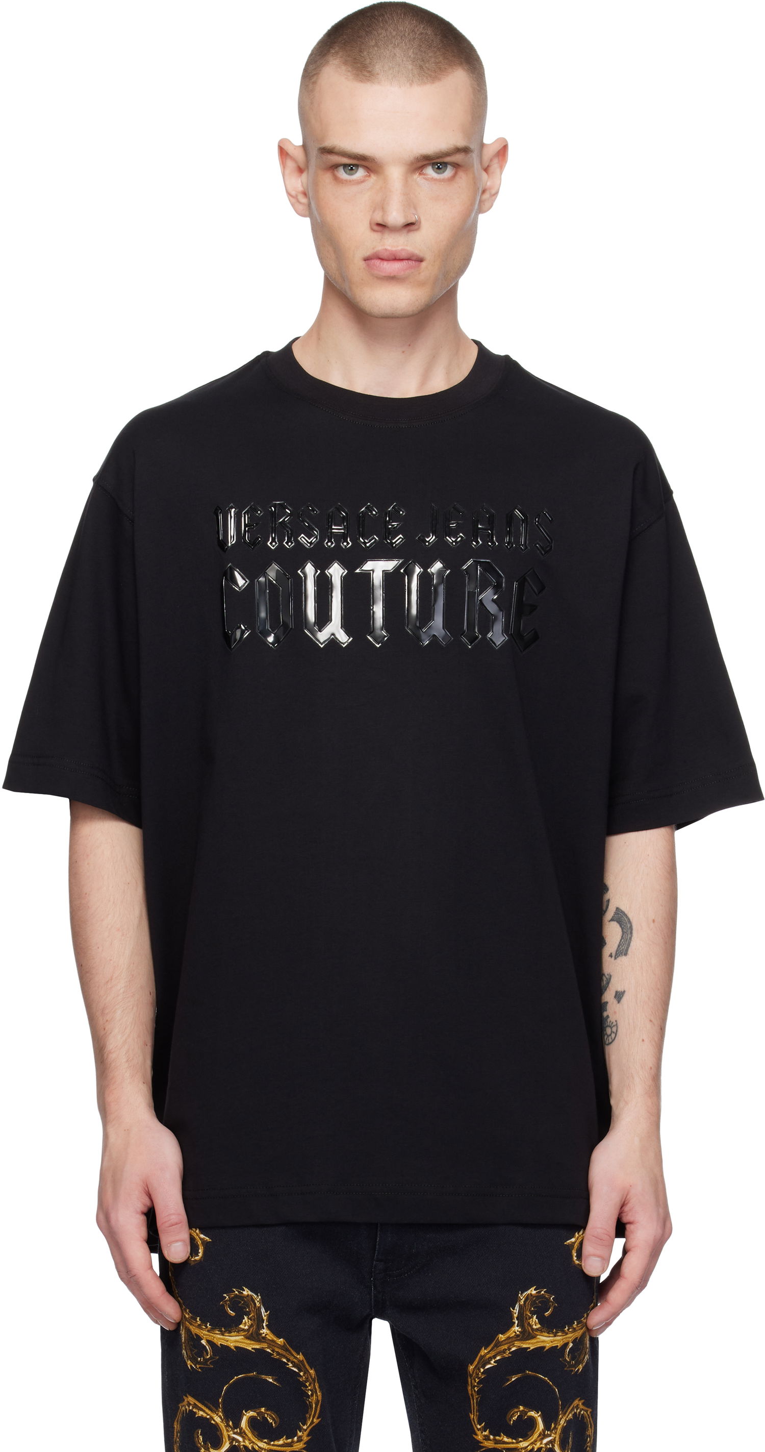 Тениска Versace Gothic Logo Relaxed Fit T-Shirt Черно | E77GAHL02_ECJ01L, 0