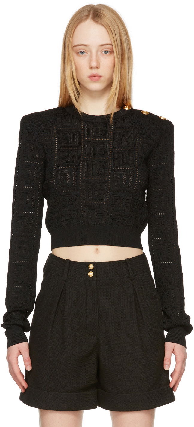 Пуловер Balmain Balmain Cropped Monogram Knit Sweater Черно | XF1KA005KB16