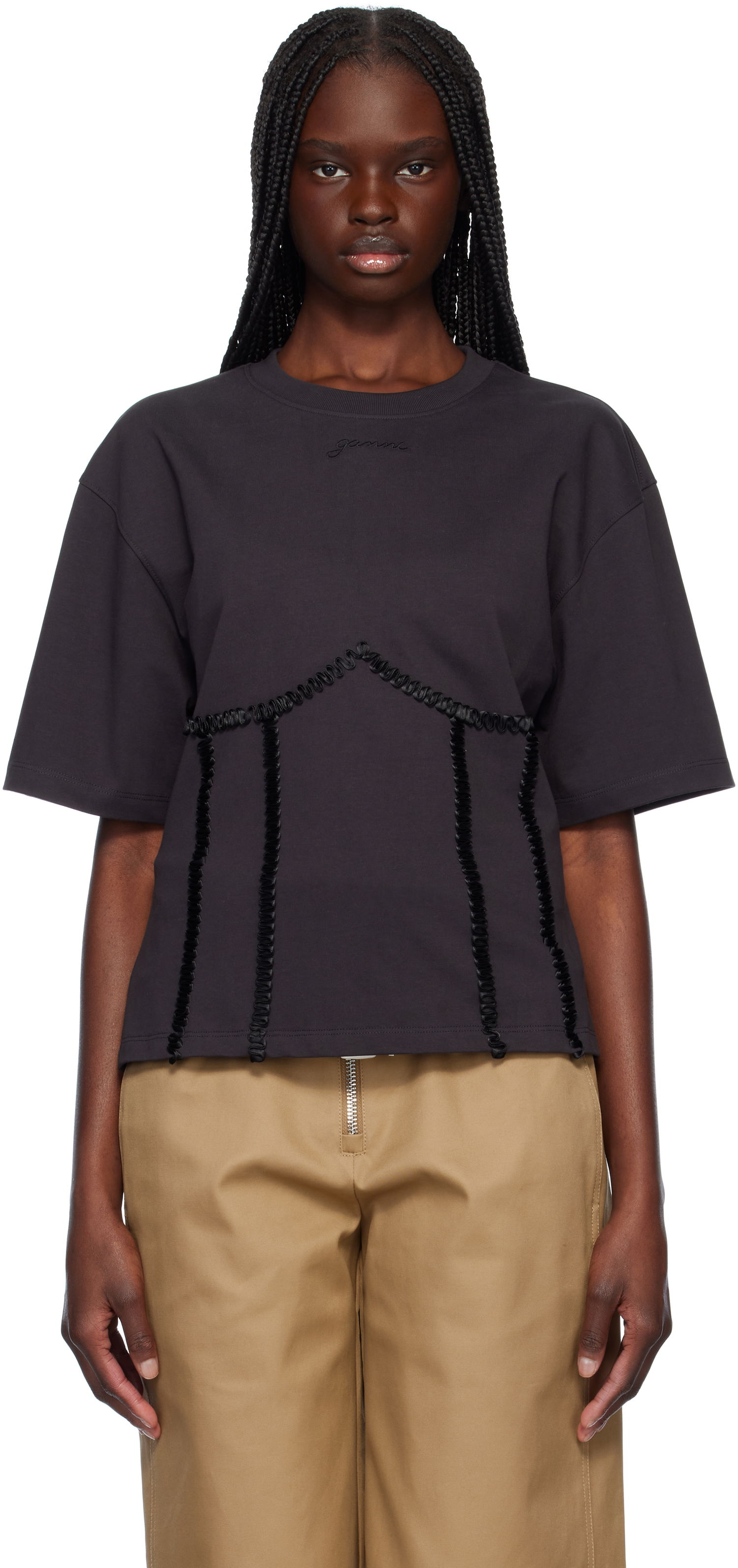 Тениска GANNI Ganni Cotton Tie Back T-Shirt Черно | T4179, 0