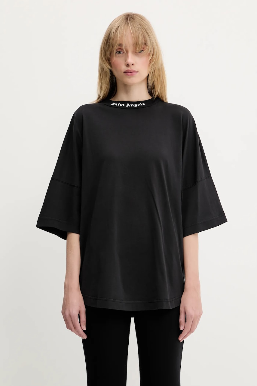 Тениска Palm Angels Palm Angels Back Curved Logo Loose T-Shirt Черно | PWAA023S25JER0041001, 0