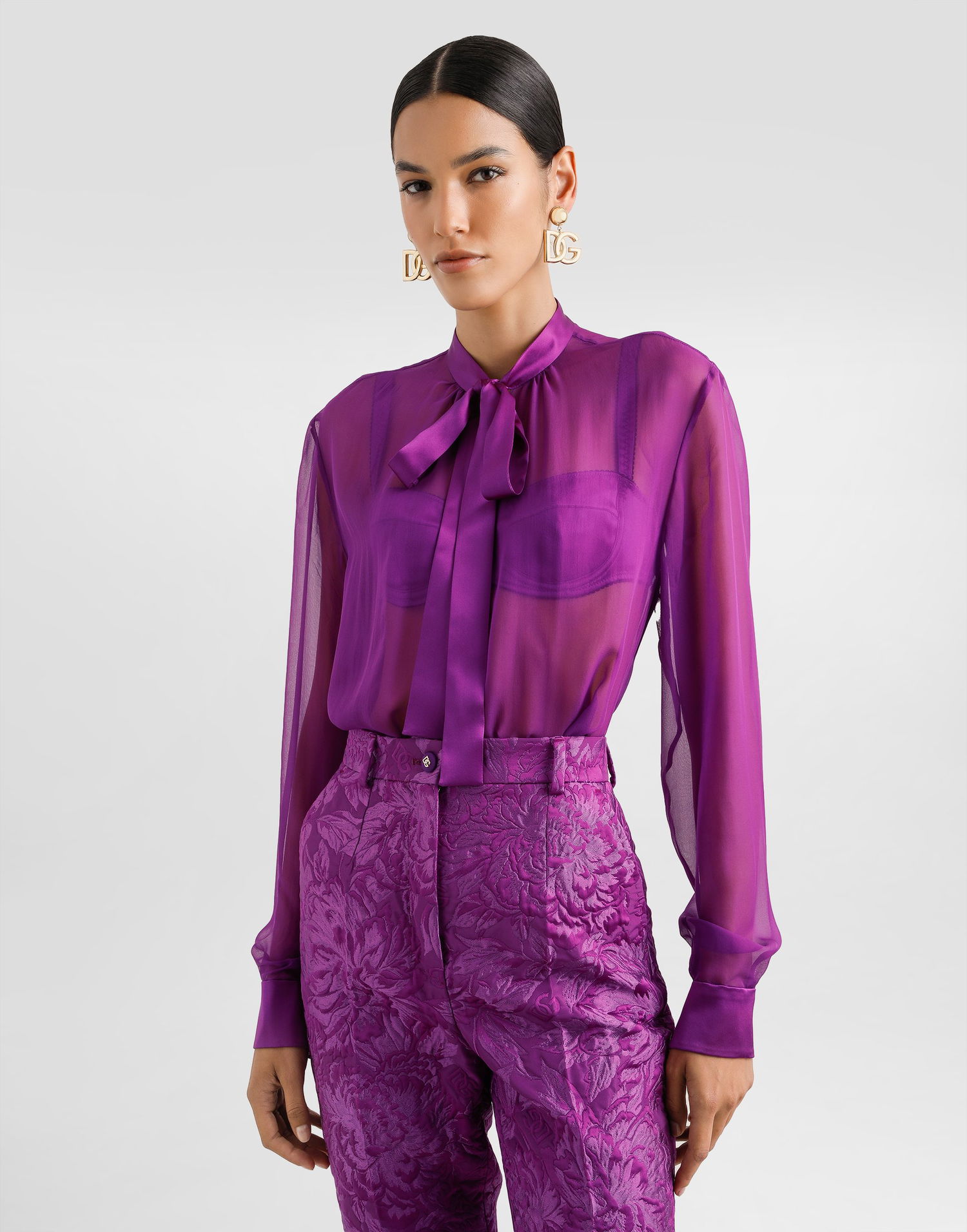 Риза Dolce & Gabbana Dolce & Gabbana Chiffon Shirt with Satin Bow Лилаво | F5S81TFU1ATF0571, 1
