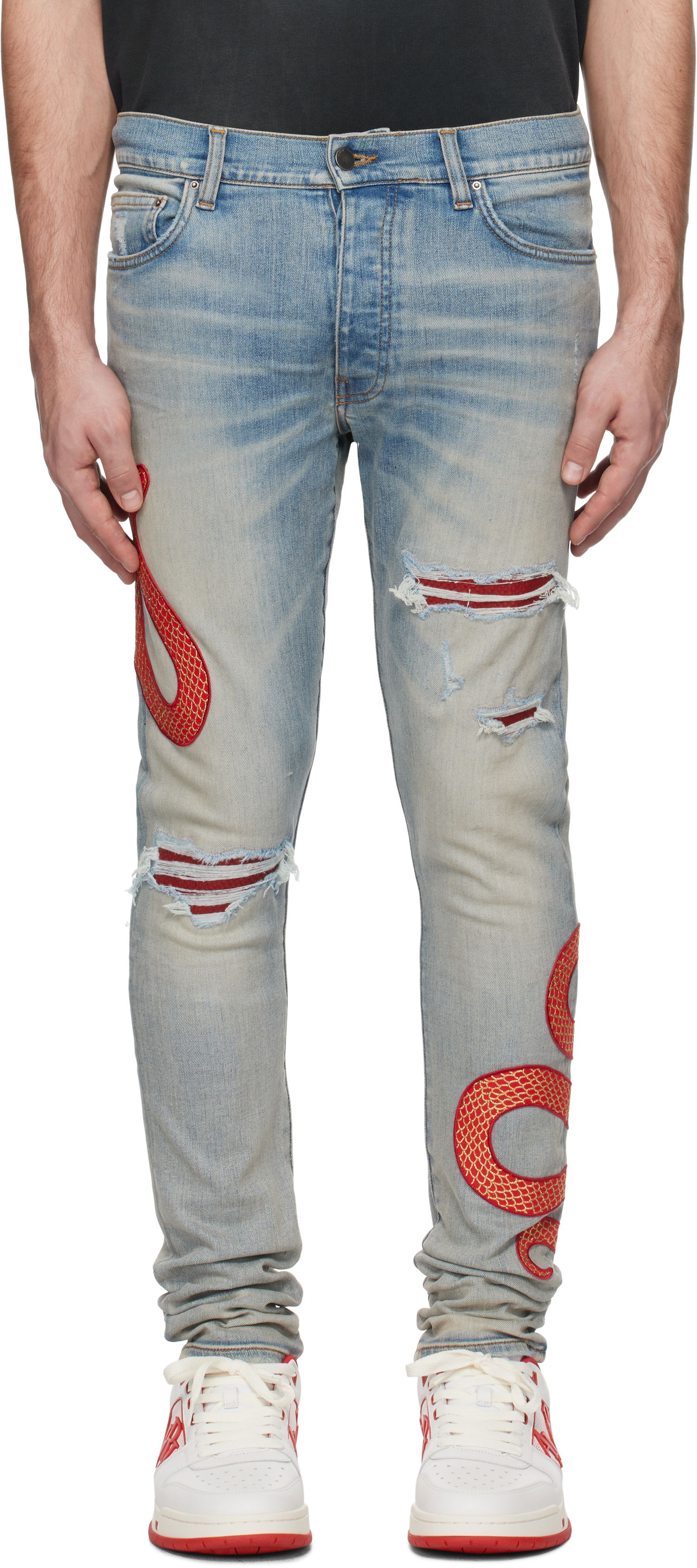 Дънки AMIRI Snake Embroidered Slim Jeans Синьо | AMDNSY1115, 0