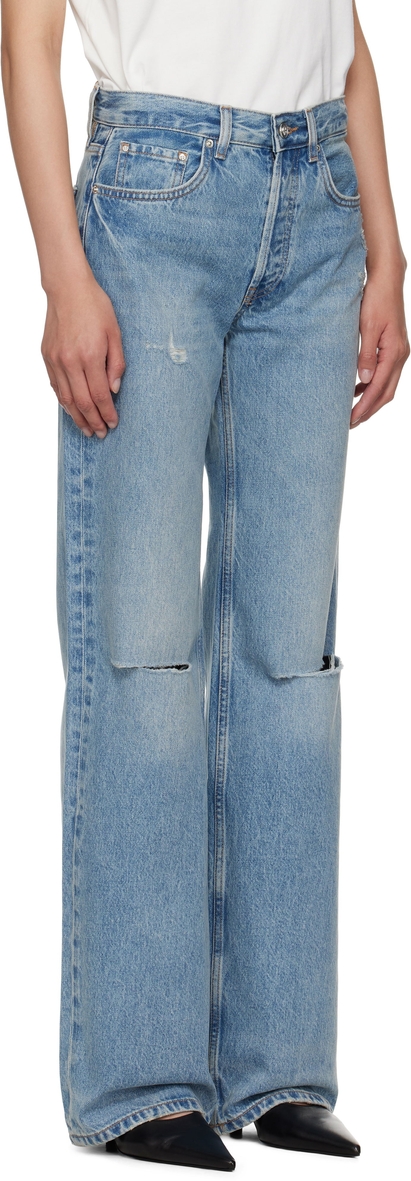 Дънки Anine Bing Anine Bing Hugh Distressed Wide Leg Jeans Синьо | A-06-10852-WHD51, 1