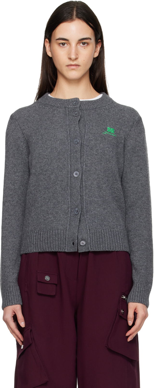 Wool Mix Rib Knit Button-Front Cardigan