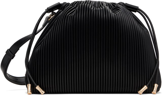 Black Pleated Leather Drawstring Bag