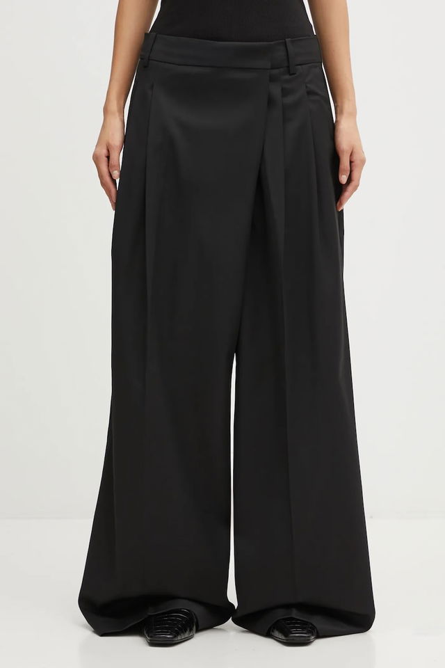 Calendered Wool High Waist Pleated Wide Leg Wrap Trousers