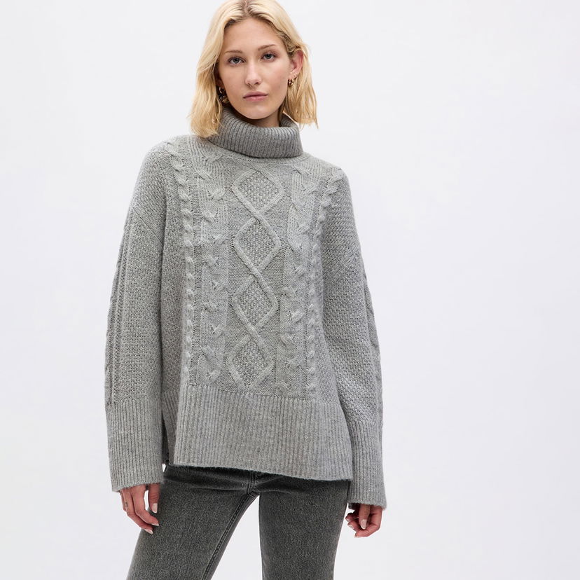 Пуловер GAP Sweater Tneck Cable Light Grey Heather XXS Сиво | 815134-00