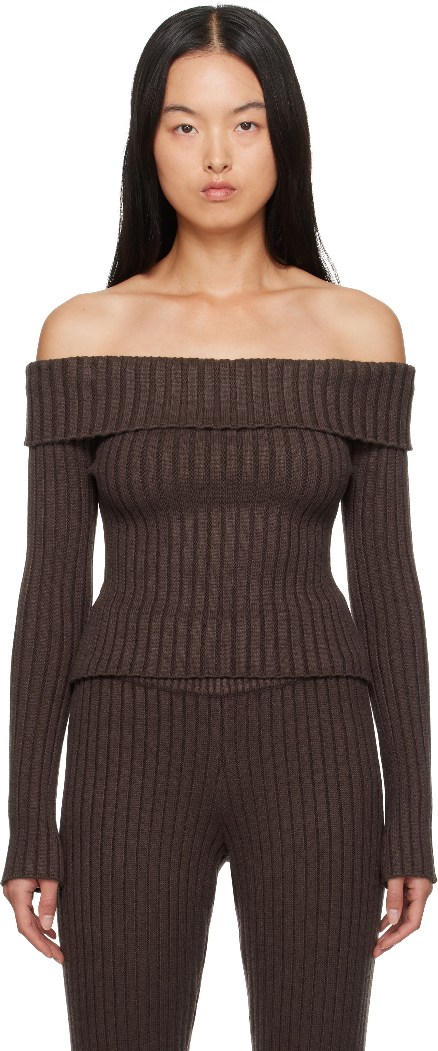 Пуловер GUIZIO Guizio Thalia Off Shoulder Ribbed Knit Sweater Кафяво | F24108S045, 0
