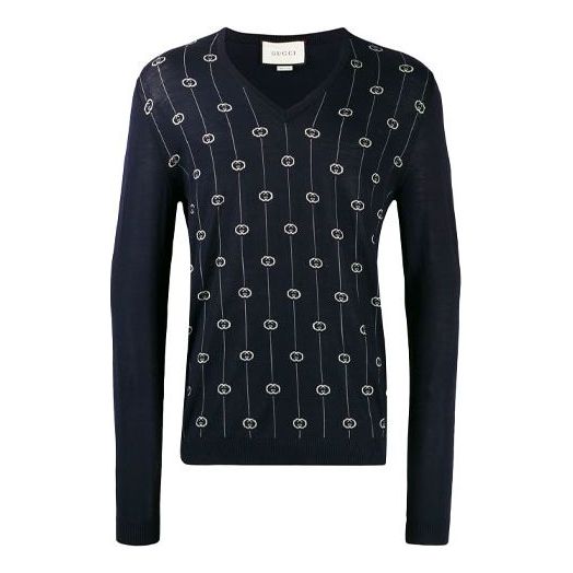 Пуловер Gucci Interlocking 'G' Motif V-Neck Sweater Синьо | 576902XKAUM