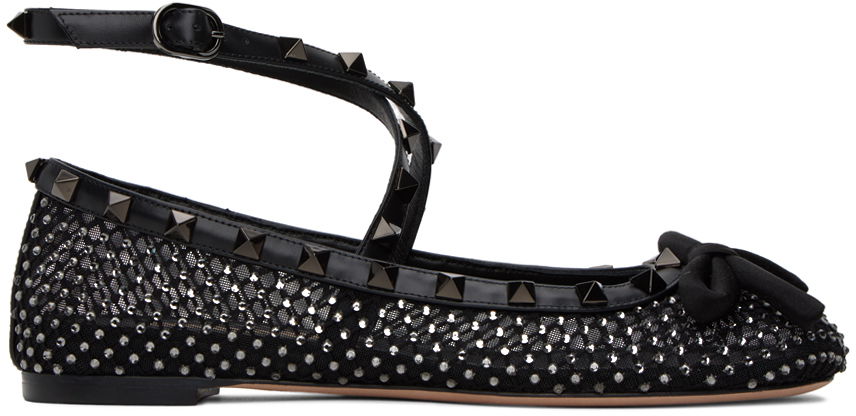 Кецове и обувки Valentino Rockstud Mesh Studded Ankle Strap Ballerina Flats Черно | 4W2S0HB6NIM, 0