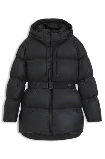 Пухо яке BOSS Water-repellent padded jacket with detachable belt and hood Черно | 50547228