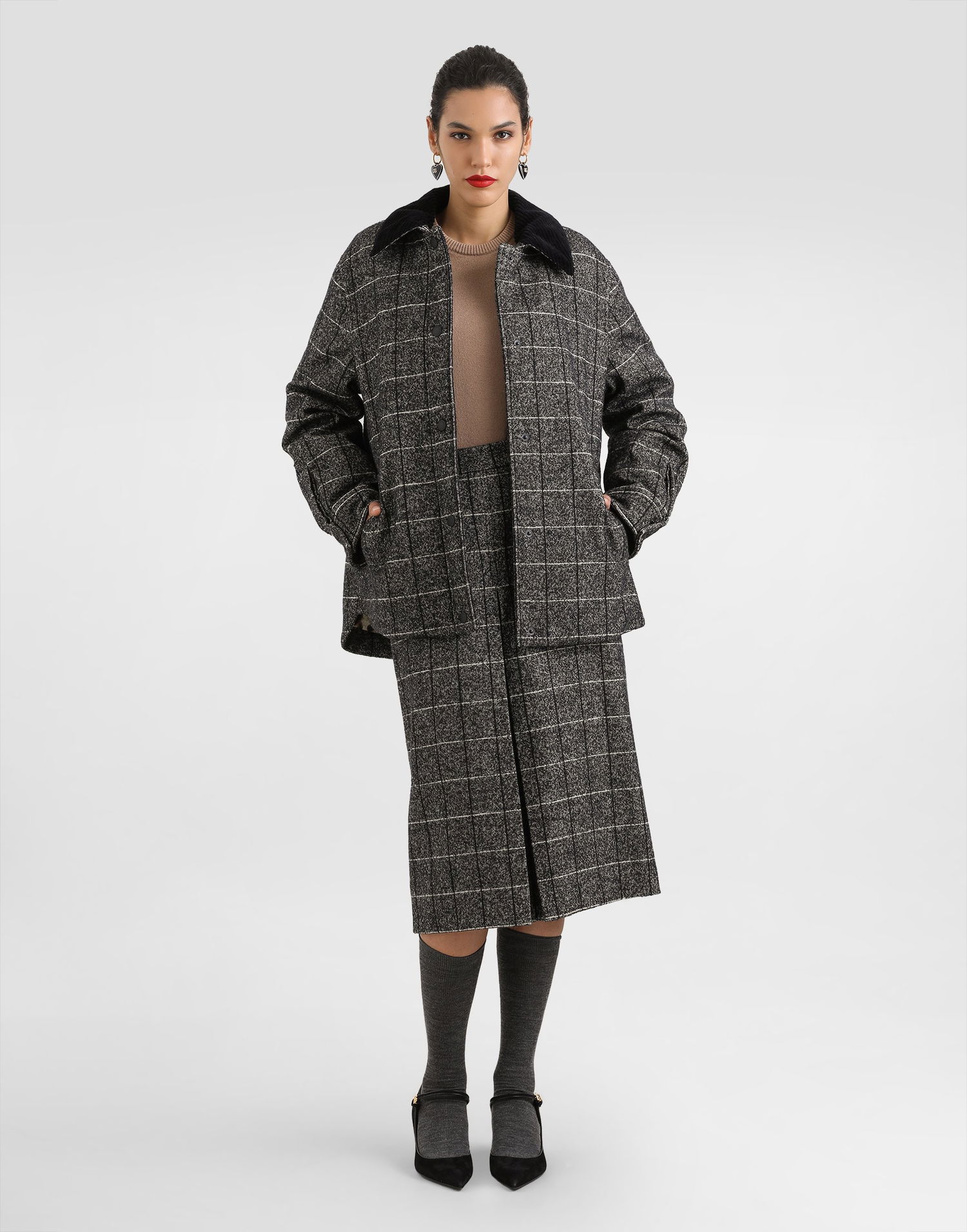 Пола Dolce & Gabbana Dolce & Gabbana Wool Blend Check A-Line Skirt Сиво | F4C61TFQZAJS8100, 1