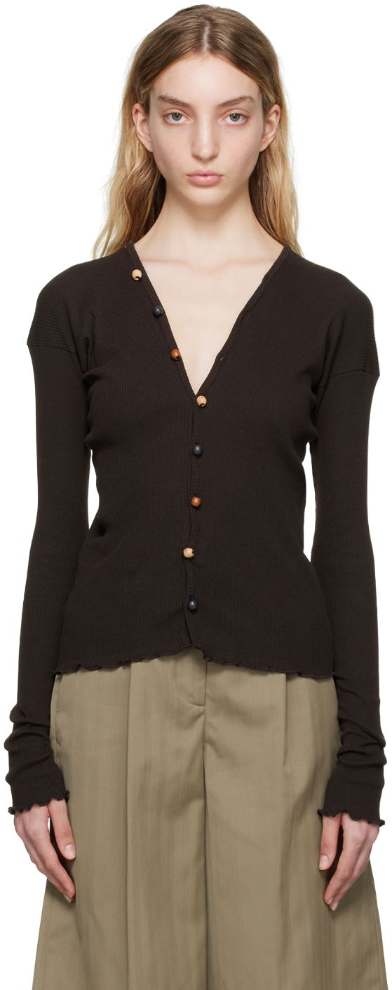 Tav Ribbed V-Neck Cardigan with Beaded Buttons