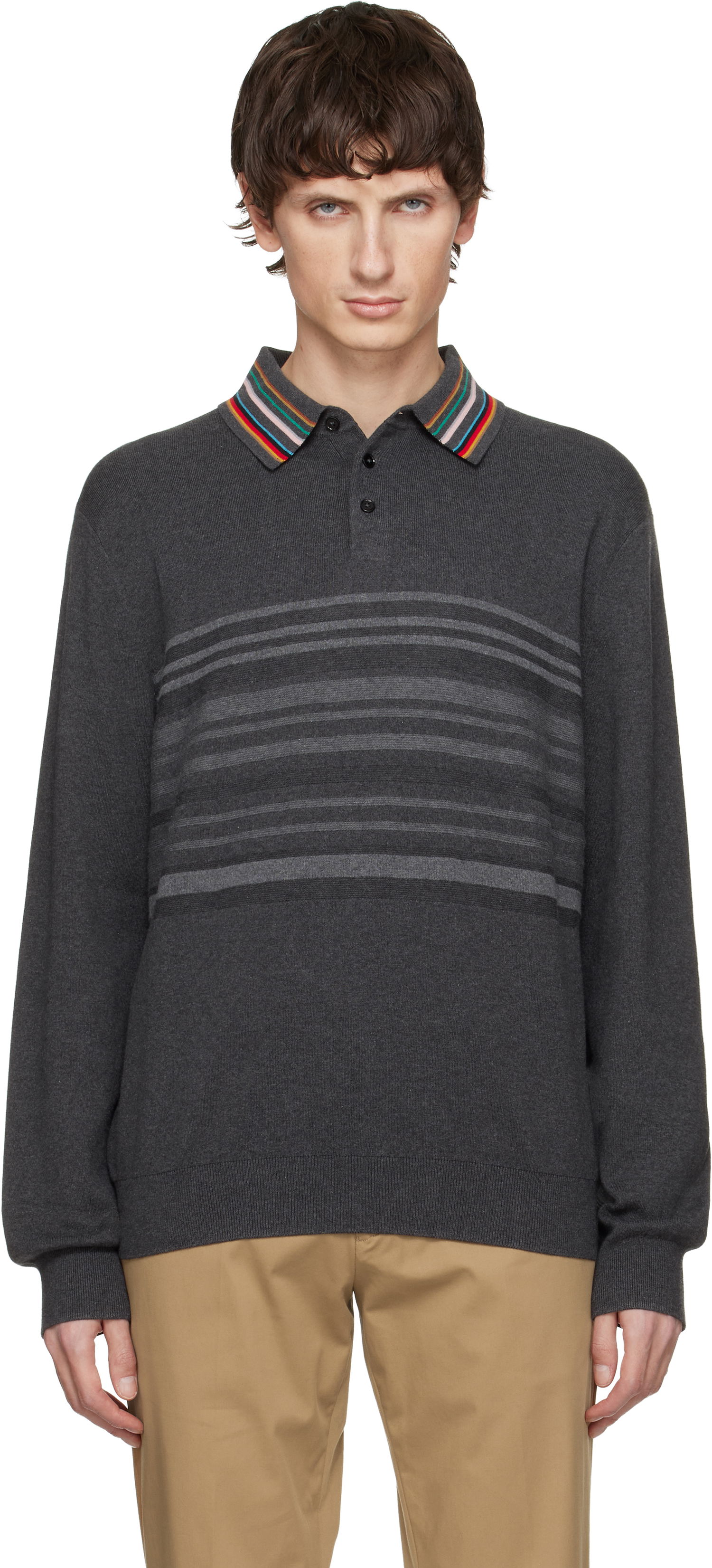 Поло тениска Paul Smith Paul Smith Organic Cotton Long-Sleeve Striped Collar Polo Shirt Сиво | M1R-533Z-T02764-78, 0