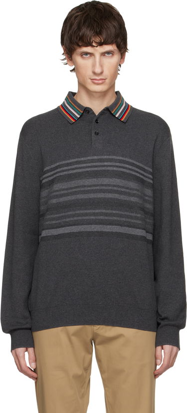 Поло тениска Paul Smith Paul Smith Organic Cotton Long-Sleeve Striped Collar Polo Shirt Сиво | M1R-533Z-T02764-78, 0