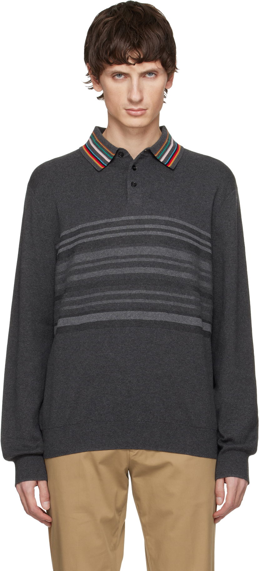 Поло тениска Paul Smith Paul Smith Organic Cotton Long-Sleeve Striped Collar Polo Shirt Сиво | M1R-533Z-T02764-78
