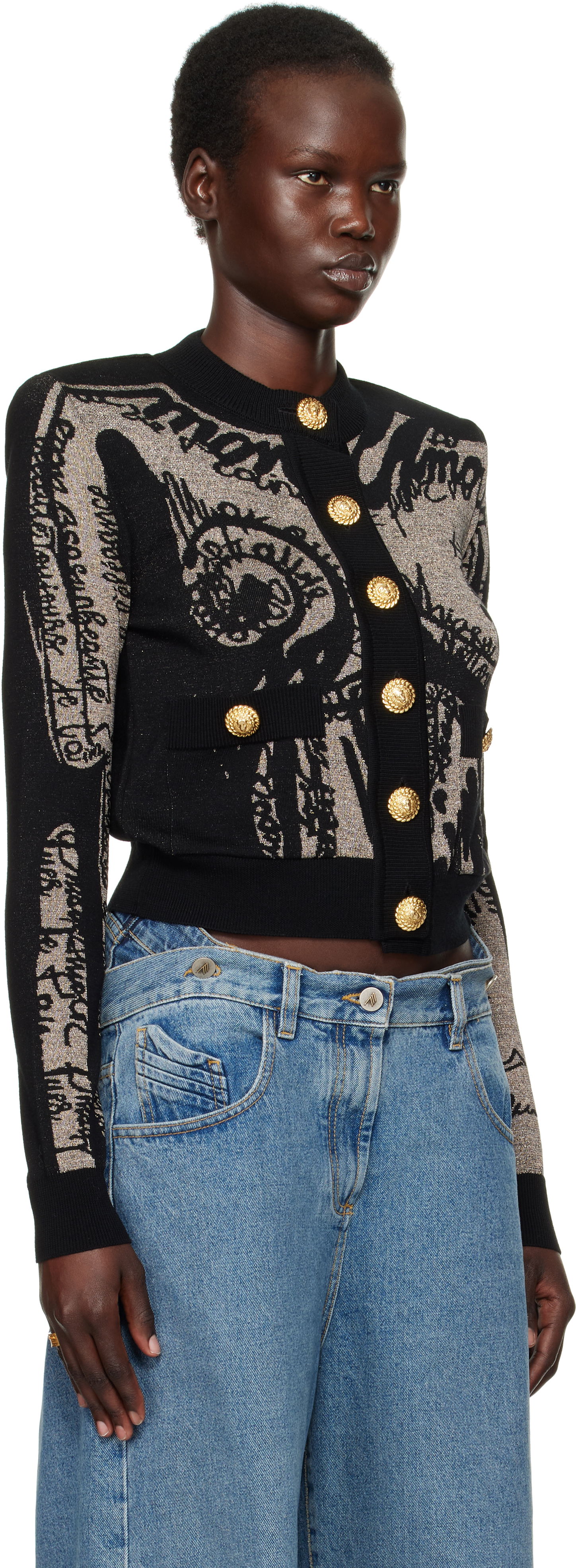 Пуловер Balmain Balmain Jacquard Knit Cardigan with Body Motif Черно | EF1KL133KH93, 1