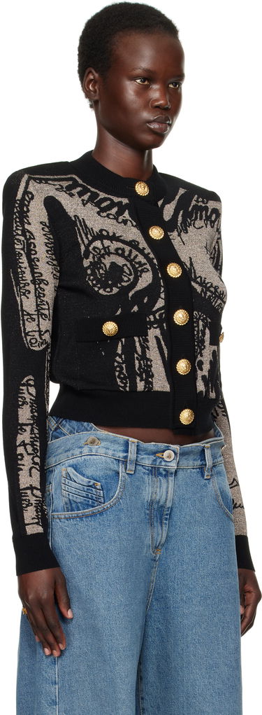 Пуловер Balmain Balmain Jacquard Knit Cardigan with Body Motif Черно | EF1KL133KH93, 1