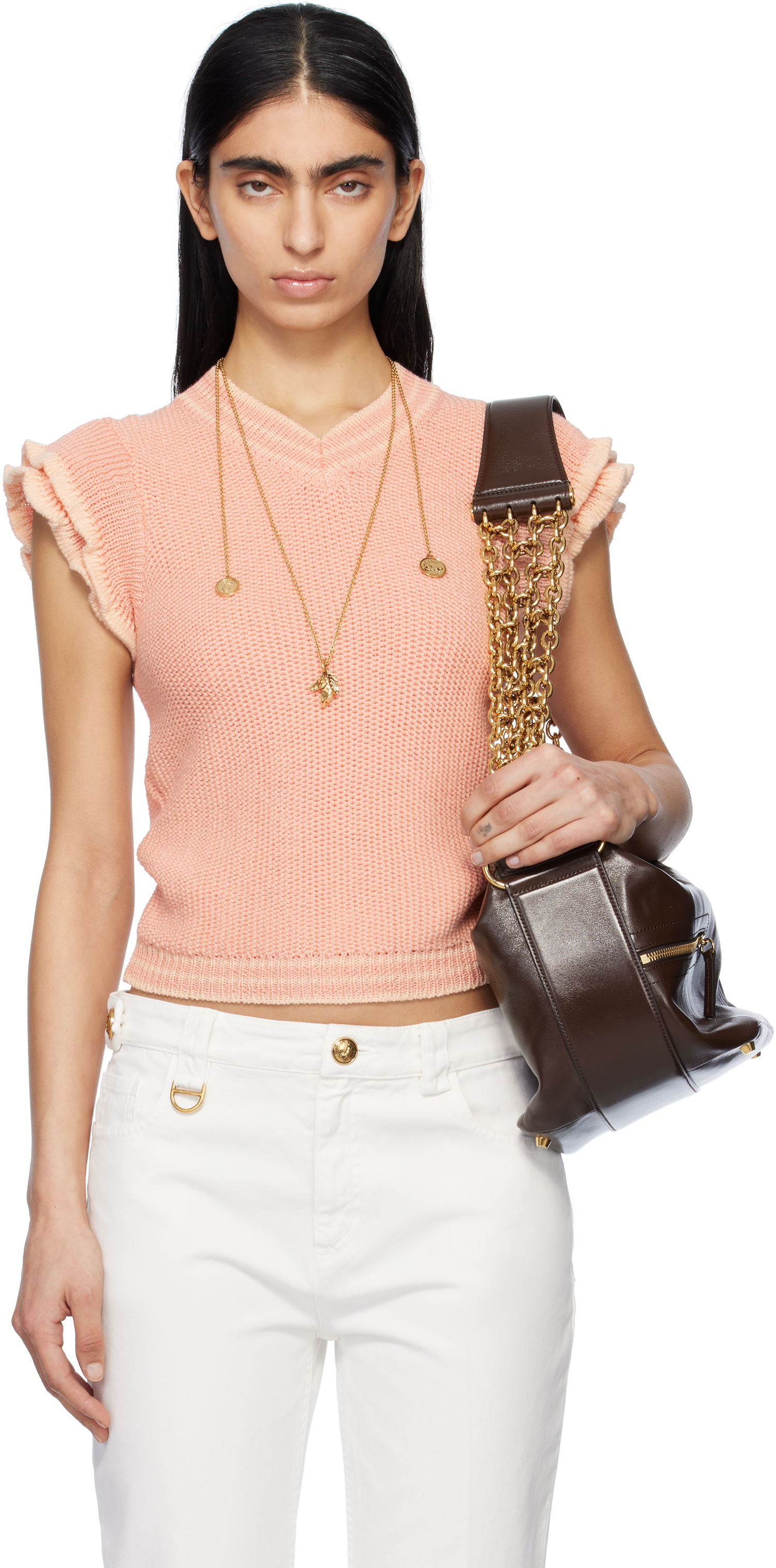 Пуловер CHLOÉ Chloé Knit Ruffle-Sleeve Sweater Розово | CH25SMP03630, 0