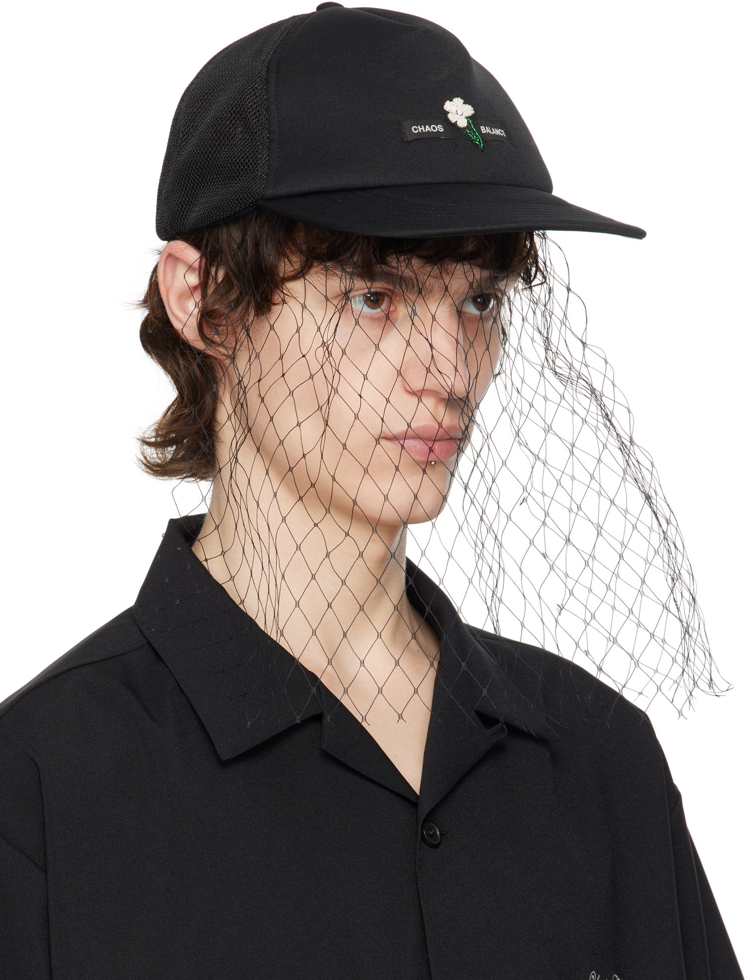 Шапка с козирка UNDERCOVER UNDERCOVER Beaded Appliqué Baseball Cap with Veil Черно | UC1E4H04, 1