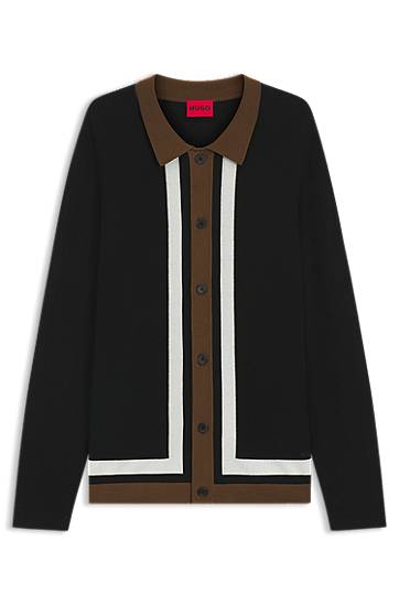 Пуловер BOSS Striped Button-Up Sweater Черно | 50543770, 0