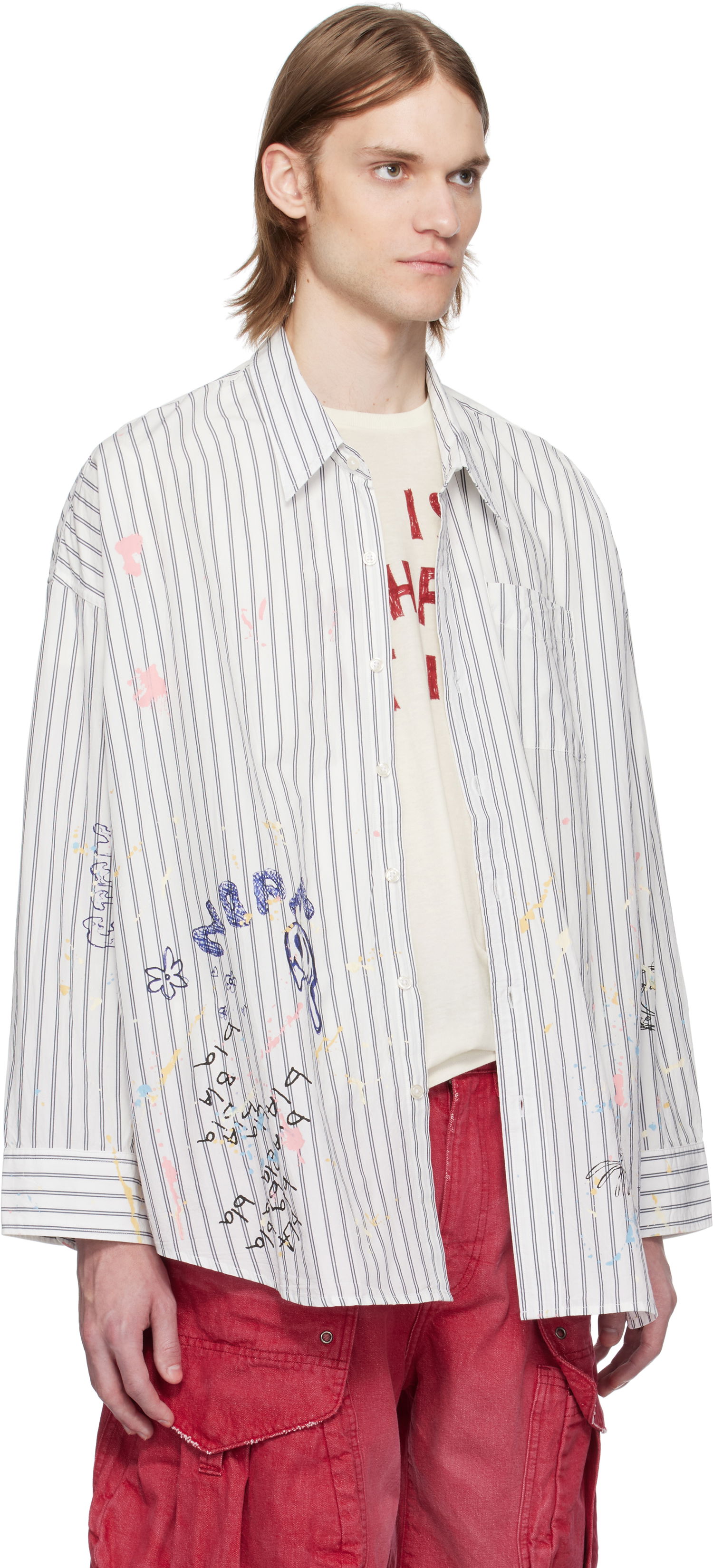 Риза R13 R13 Drop Neck Striped Shirt Бяло | R13MR004-R486B, 1