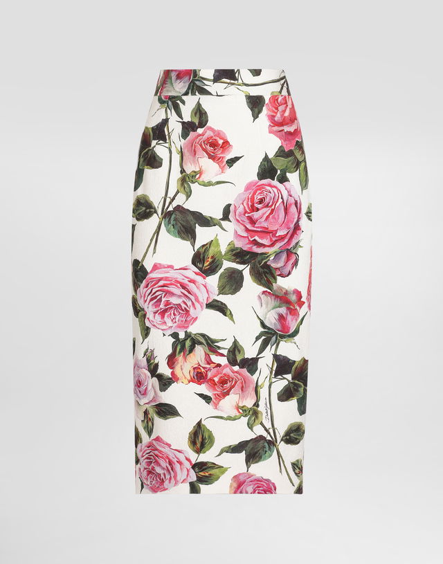 Dolce & Gabbana Rose-Print Cotton Jacquard Calf-Length Skirt