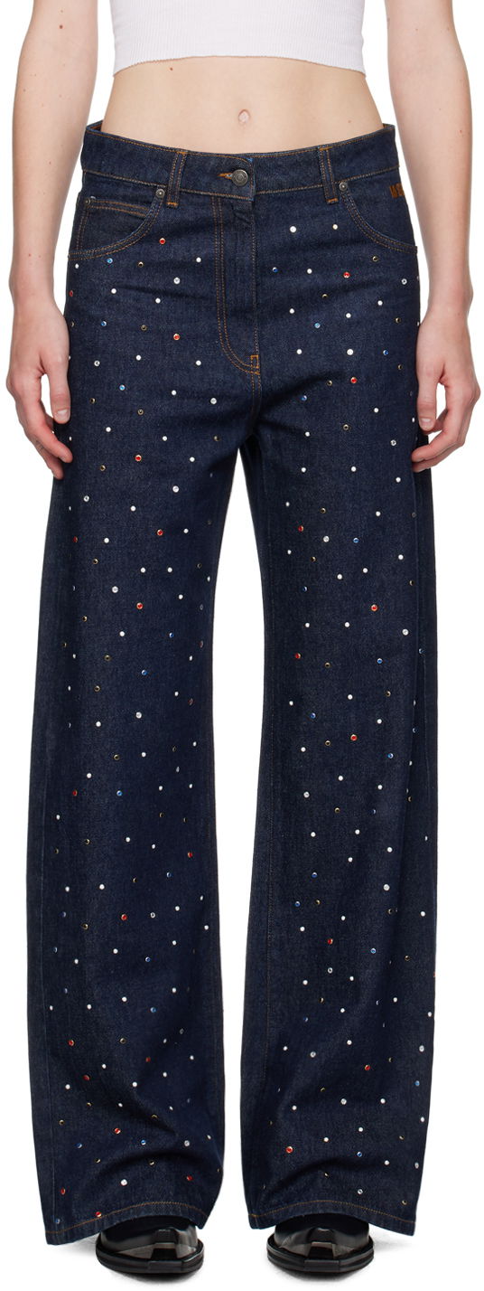 Blue Wide-Leg Studs Jeans