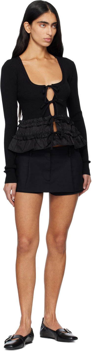 Пуловер GANNI Ribbed Tie-Front Ruffled Knit Cardigan Черно | K2510, 3