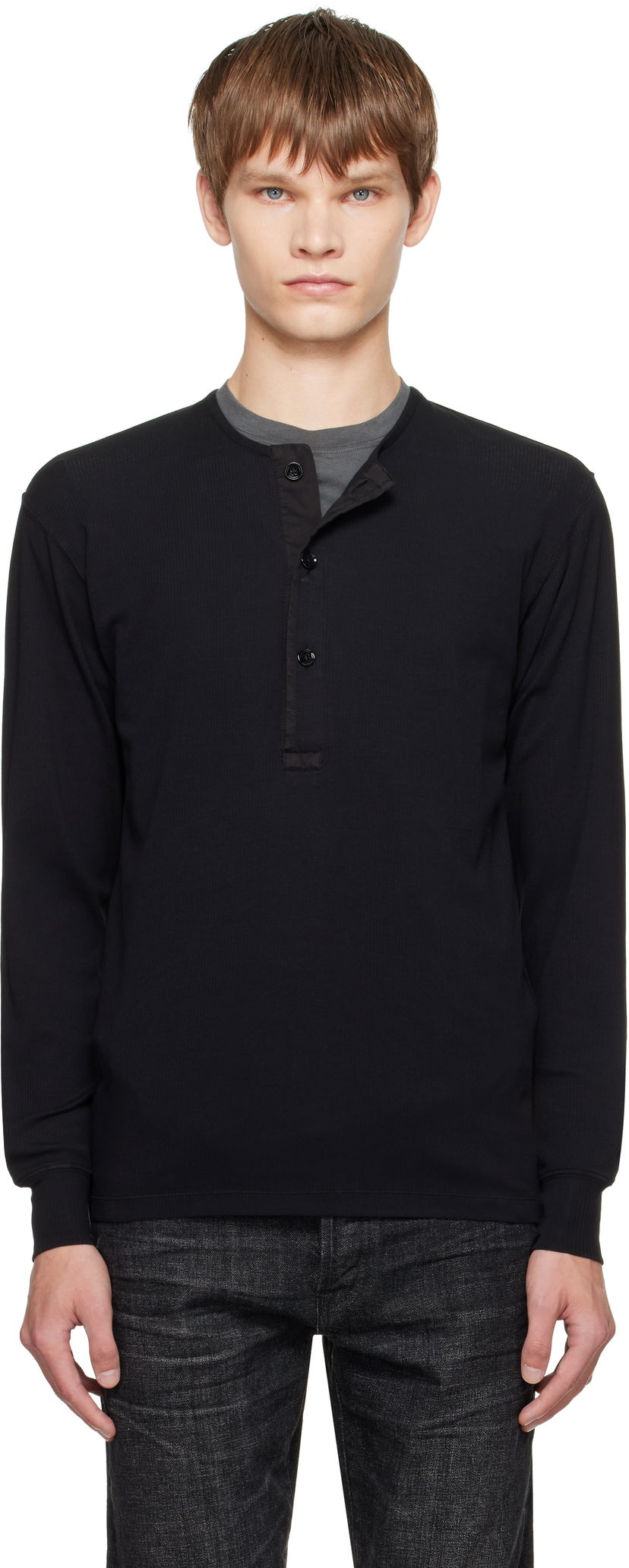 Пуловер Tom Ford TOM FORD Stretch Rib Henley Черно | JHL019-JMC067