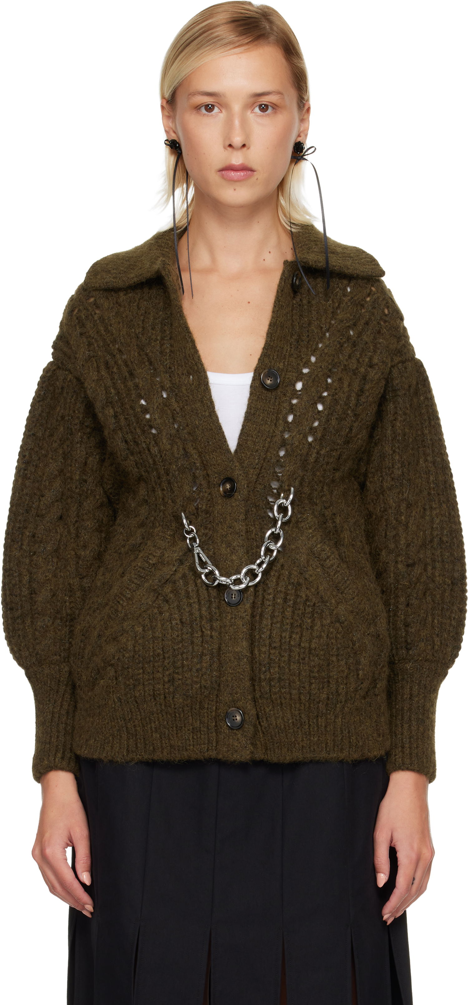 Пуловер Simone Rocha Simone Rocha Sculpted Chunky Knit Chain Detail Cardigan Зелено | MZMK1E 0665, 0