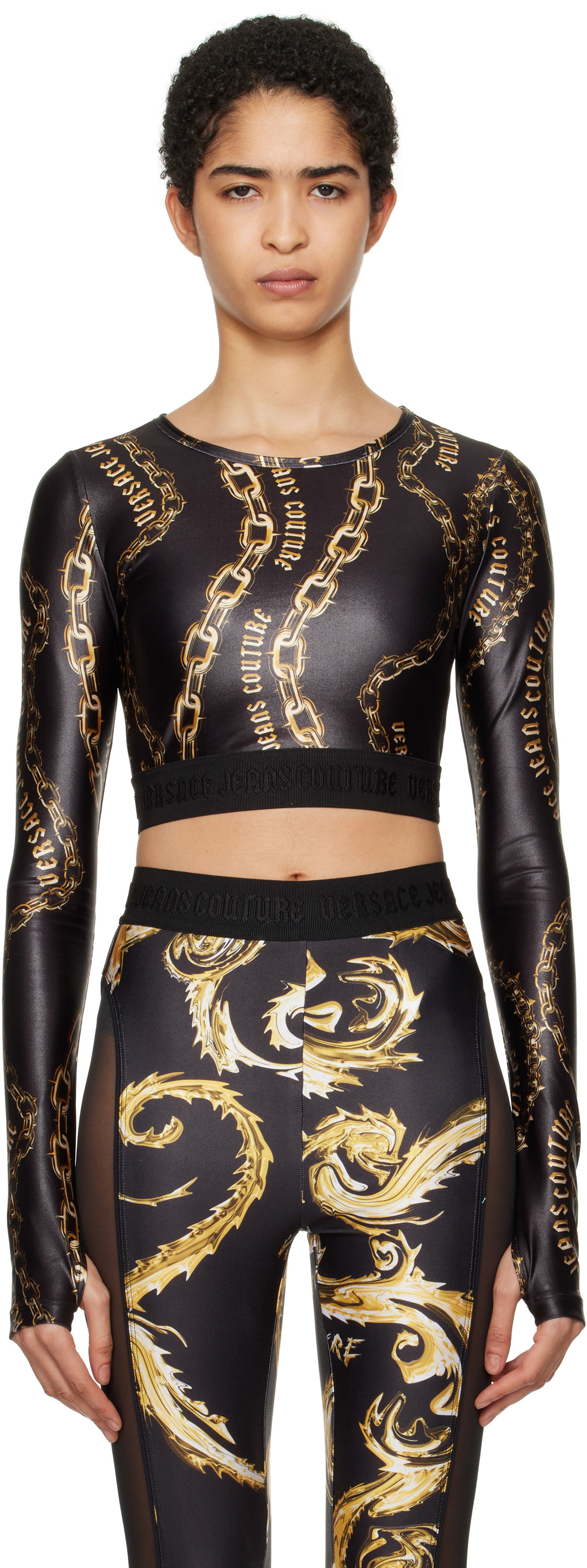 Съкратен топ Versace Black Chain Couture Crop T-Shirt Черно | E77HAH218_EJS417, 0