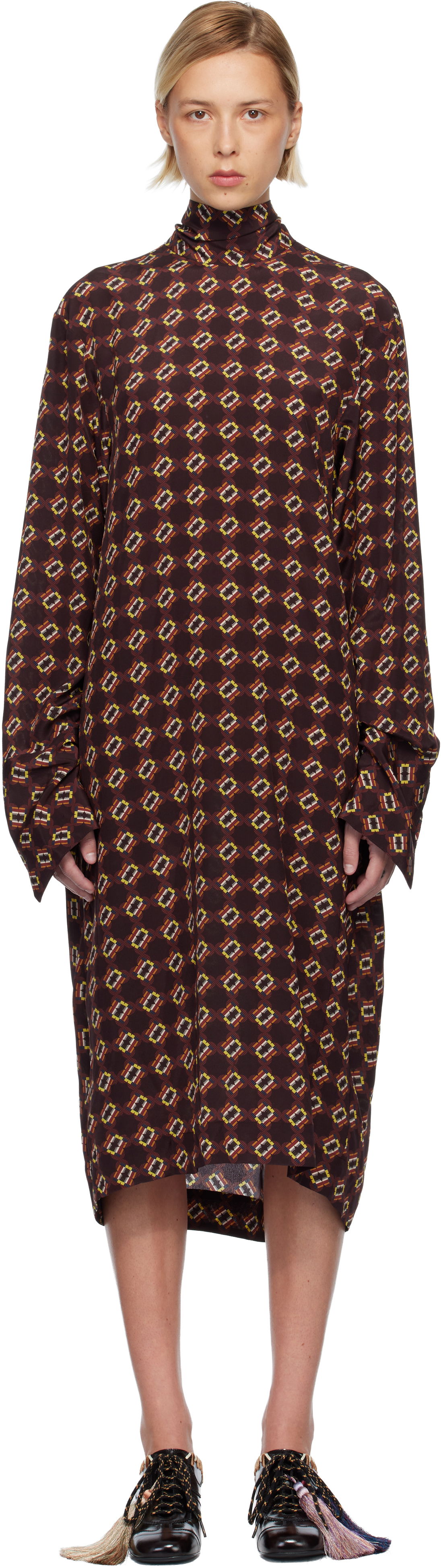 Pокля Dries Van Noten Dries Van Noten Silk Printed Long Sleeve Turtleneck Midi Dress Многоцветен | 252-011074-2072, 0