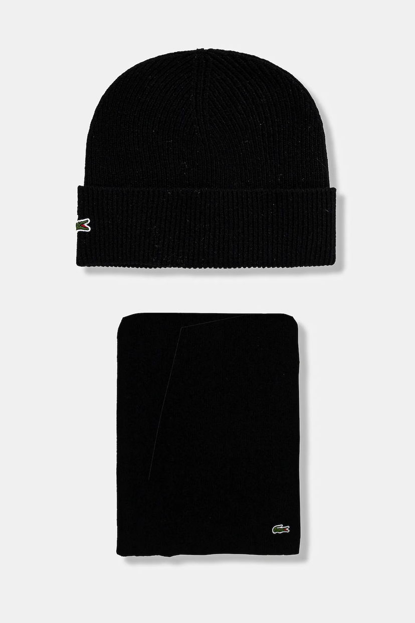 Шал Lacoste Ribbed Wool Beanie and Scarf Set Черно | RB5385