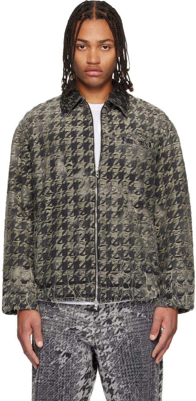 Distressed Frayed Houndstooth Denim Jacket