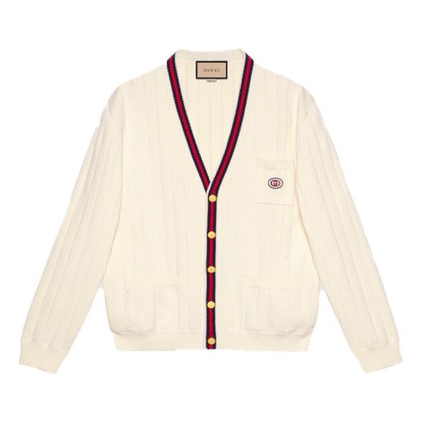 Пуловер Gucci Knit V-Neck Cardigan With Web Бяло | 654984-XKBUR-9182, 0