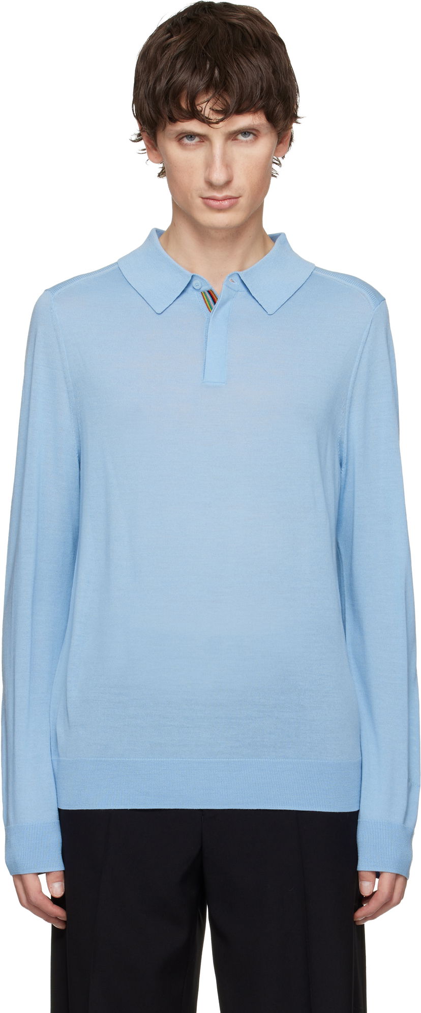 Поло тениска Paul Smith Merino Wool Knitted Long-Sleeve Polo Синьо | M1R-241Z-P02093-41