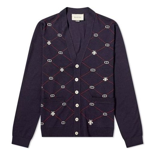 Пуловер Gucci Jacquard Cardigan With Bee Embroidery Синьо | 597741-XKA4I-4206
