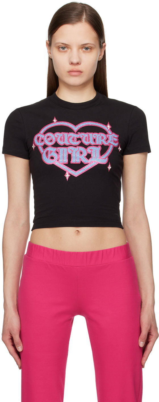 Тениска Versace Jeans Couture Black Crystal-Cut T-Shirt Черно | E76HAHG07_ECJ02G, 0