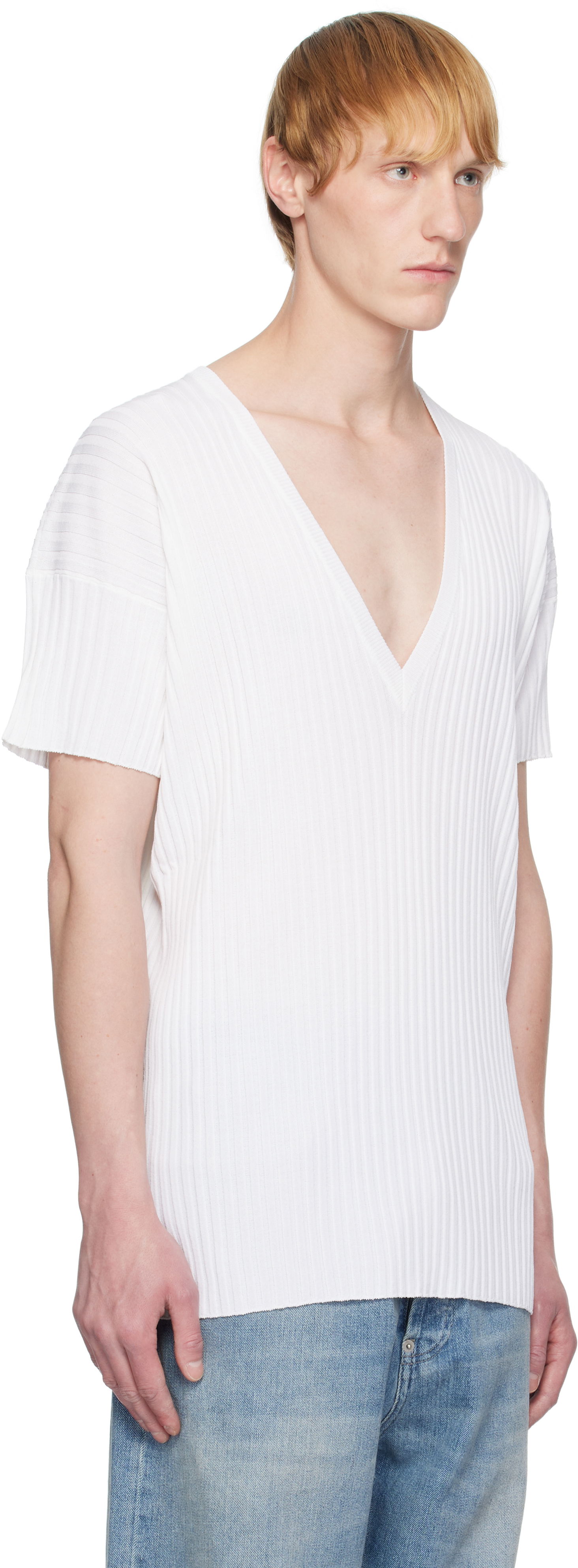 Тениска Maison Margiela MM6 Maison Margiela Rib-Knit V-Neck T-Shirt Бяло | SH2HN0003 M13125, 1