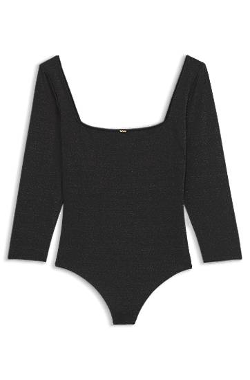 боди BOSS Sparkly-jersey Long Sleeve Square Neck Bodysuit with Picot Trim Черно | 50550349