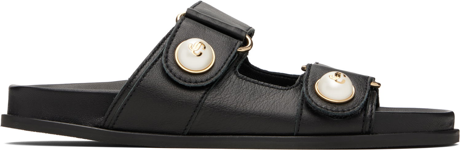 Кецове и обувки Jimmy Choo Fayence Pearl-Embellished Leather Flat Sandals Черно | FAYENCE SANDAL, 0