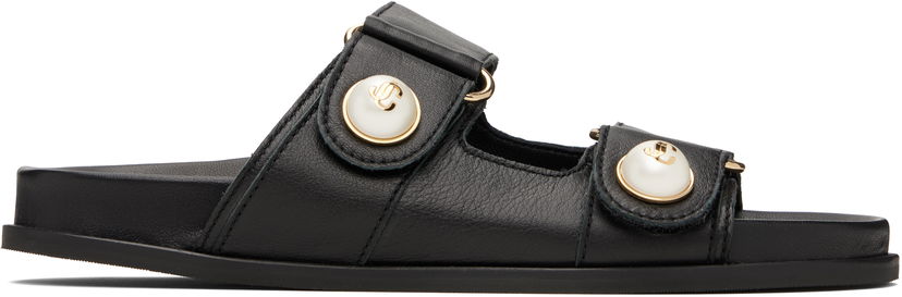 Кецове и обувки Jimmy Choo Fayence Pearl-Embellished Leather Flat Sandals Черно | FAYENCE SANDAL